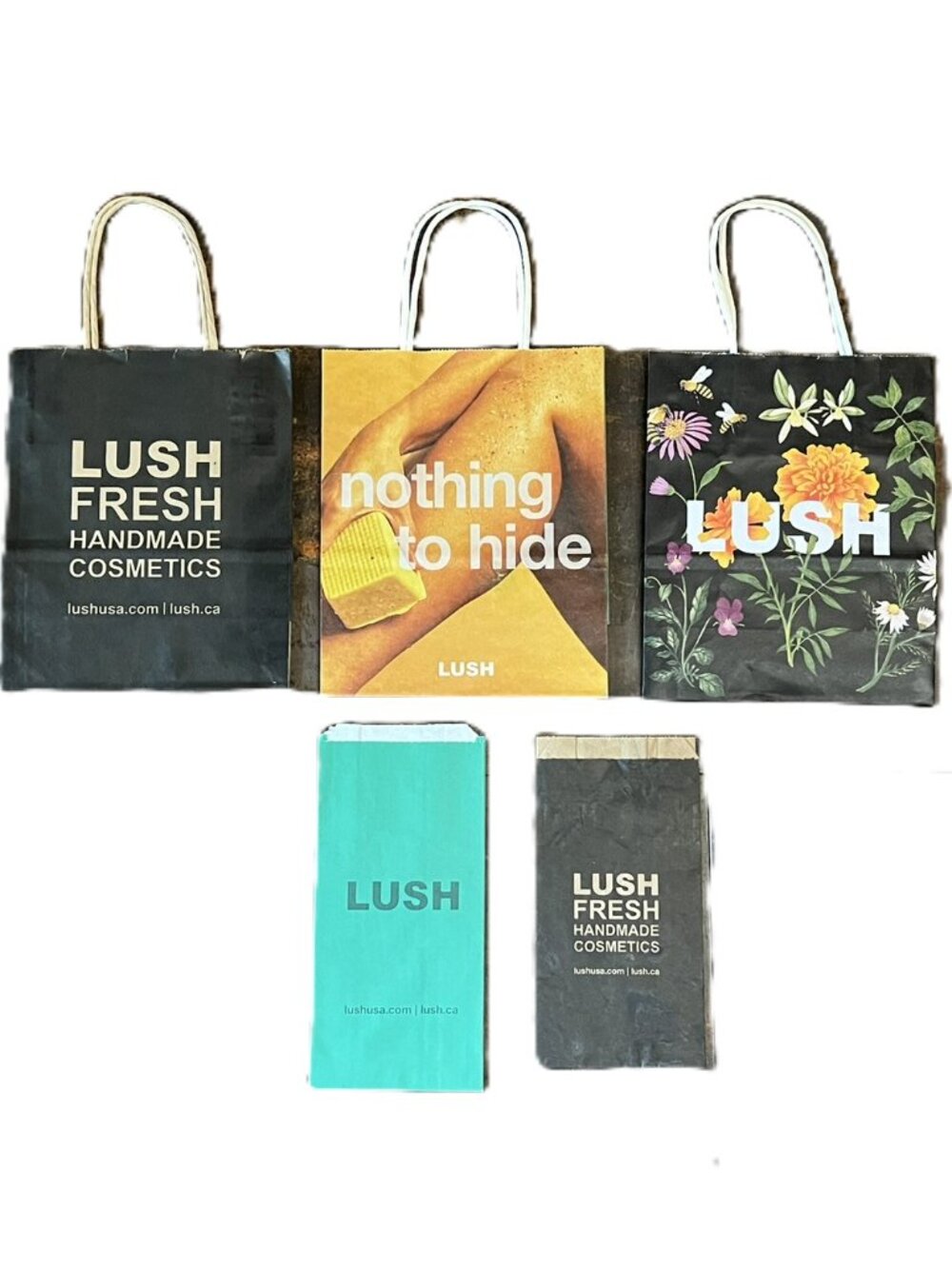 5 Empty LUSH Retro Paper Shop Bags Bundle: 3 Handle Bags and 2 Bomb Bags, Size S